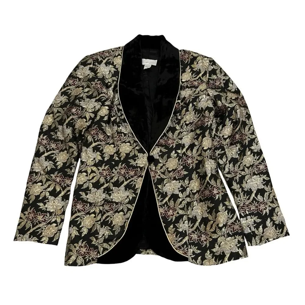 Scott McClintock Black Velvet Blazer Jacket Size 8 Gold Floral Metallic Brocade